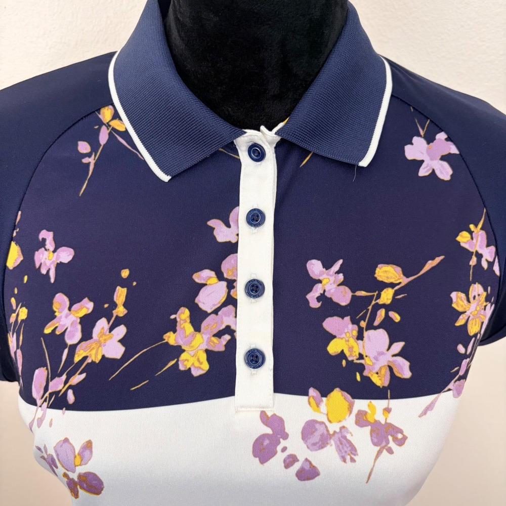 PGA Tour Womens M Golf Polo Shirt Navy White Floral Classic Preppy Tennis Sporty - Picture 2 of 8